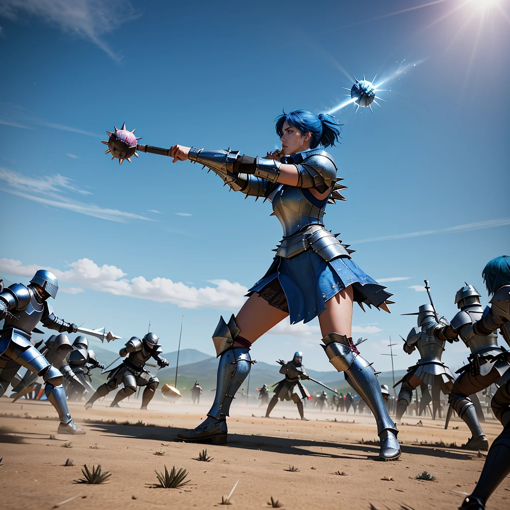 high quality, detailed, full body, metal plate armor, faulds, bladed mace  <lora:maceweap:1>, <lora:GoodHands-vanilla:0.8>, blue hair, a woman cleric holding a spiked mace, in battle, in a battlefield, fighting