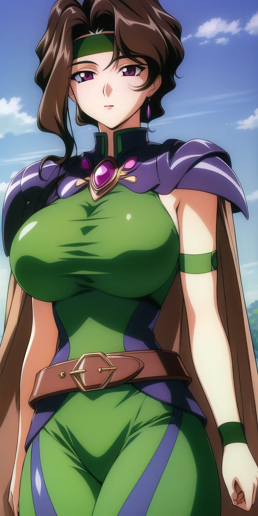 <lora:Afura_MannV9:0.7> afura_mann, huge_breasts, standing, solo, green_sleeveless_bodysuit_brown_capelet_pauldrons_green_headband_wristband_arm_strap_gem_belt, masterpiece, best_quality, detailed_face, detailed_eyes, highres, beautiful, detailed, absurdres,