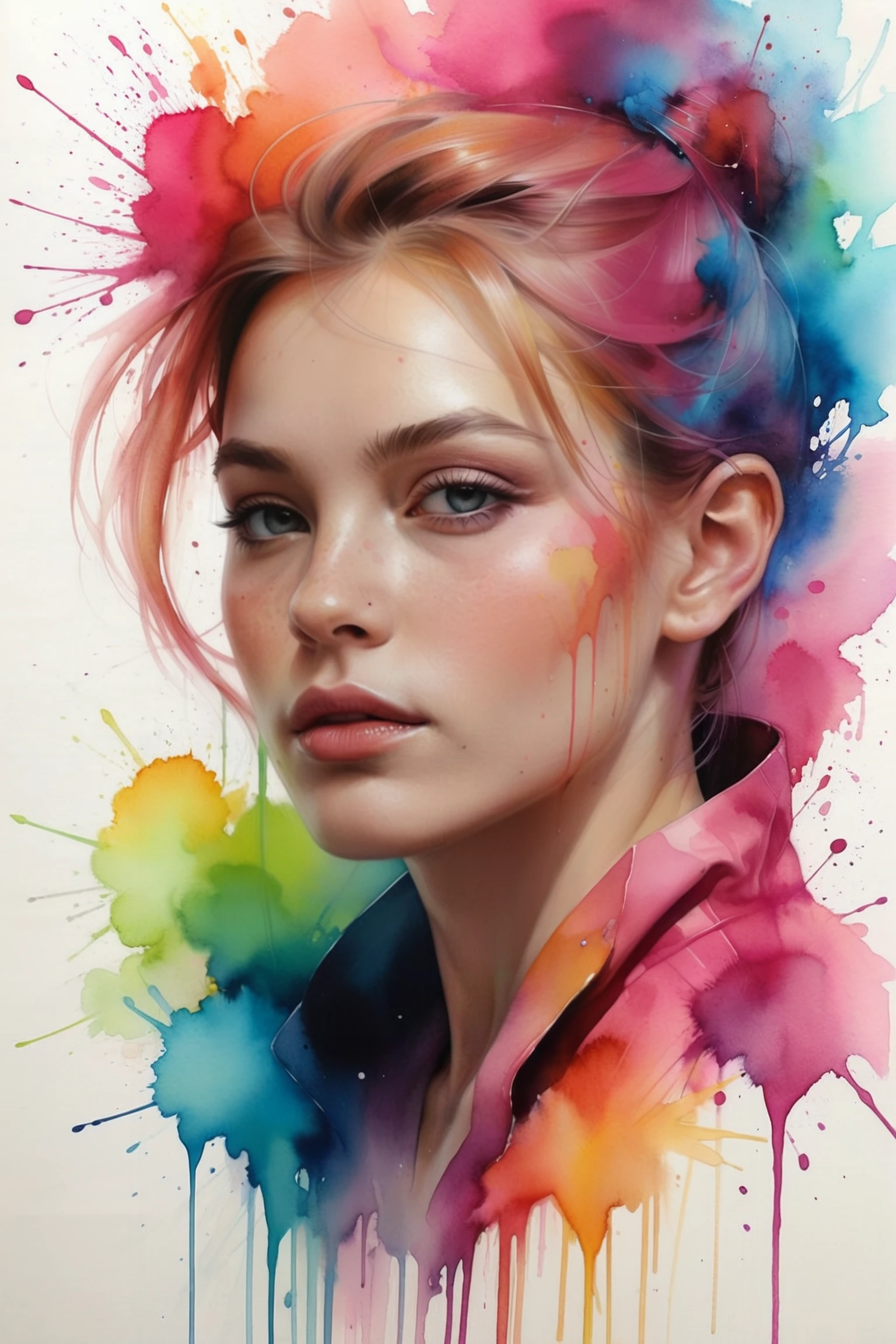 Gestural drawing in the style of Anna Dittmann,bold brush strokes, color splatter, strong vibrant metallic neon collours