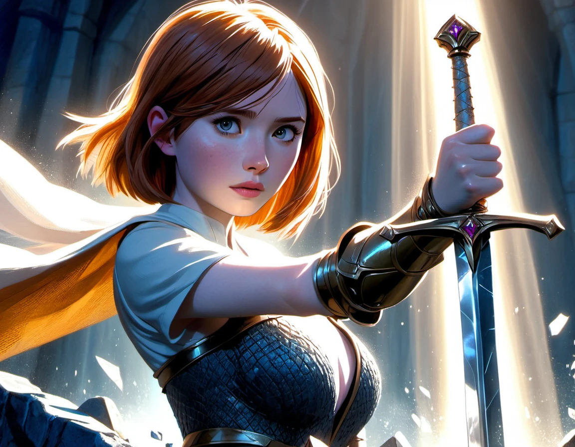 (((masterpiece))) , (((best quality))) , anime style, 2d, well-built charming 1girl, solo, lovely 1girl, SwordInTheStone, beautiful gorgeous Karen Gillan, gripping onto the hilt of the sword in the stone, she has Shaved sides hair, key visual, 