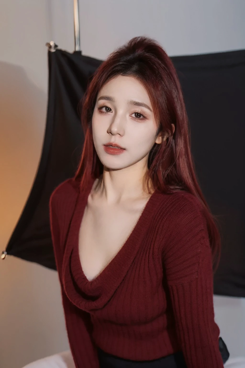 1girl, large breasts, looking at viewer, realistic,  photorealistic, lips, red hair, (cowl neck sweater:1), cinematic lighting, highly detailed, sharp focus, professional photoshoot, 8k, DOF, (in studio, white background),  <lora:chuyi:1> , <lora:breastsizeslideroffset:-0.35>, <lora:skin_slider_v2_1_FACE:0.5>, <lora:add_detail_v5:1>