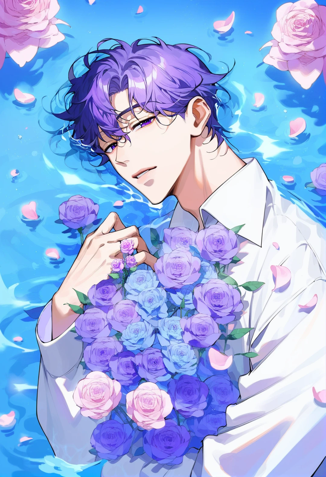 <lora:MUKi:0.8>,muksal style,flower,1boy,solo,pink flower,petals,looking at viewer,parted lips,rose,holding,purple flower,purple eyes,white shirt,upper body,long sleeves,water,collared shirt,hug,, (score_9,score_8_up,score_7_up,score_6_up,score_5_up,score_4_up,source_anime,),