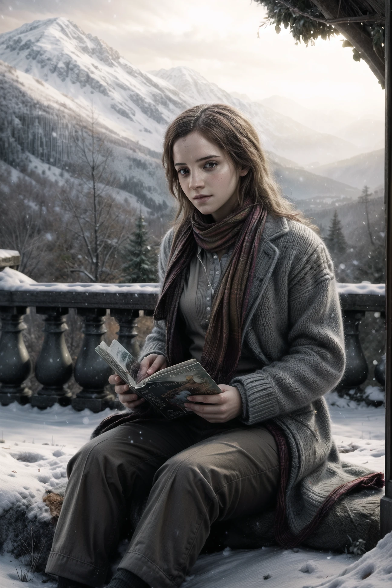 Hermione_Granger, a woman wearing a sweater coat and a scarf, sitting on a rock reading a book in the snow, with a tree in the background and a blanket on her legs, cozy time, chill, in the style of Ben Boshau, Michael Garmash, Daniel F. Gerhartz, Clint Shirley, Carne Griffiths, Jean Baptiste Monge, shallow depth of field, ultra-high image quality, best result in the field of view, best result in areas of a very beautiful face, divine presence, cinematic quality, clear focus, studio photography, masterpiece, detailed, hdr, epic background, line art, digital illustration, comic style, dynamic, highly detailed, artstation, concept art, smooth, sharp focus, illustration, Thomas Moran style, art by Carne Griffiths and Wadim Kashin, detailed background, 60-30-10 color rule, warm tones, godrays, unreal engine, greg rutkowski, loish, rhads, beeple, makoto shinkai and lois van baarle, ilya kuvshinov, rossdraws, tom bagshaw, alphonse mucha, global illumination, detailed and intricate environment <lora:Hermione Granger:0.7> <lora:more_details:1> <lyco:GoodHands-beta2:1.0>