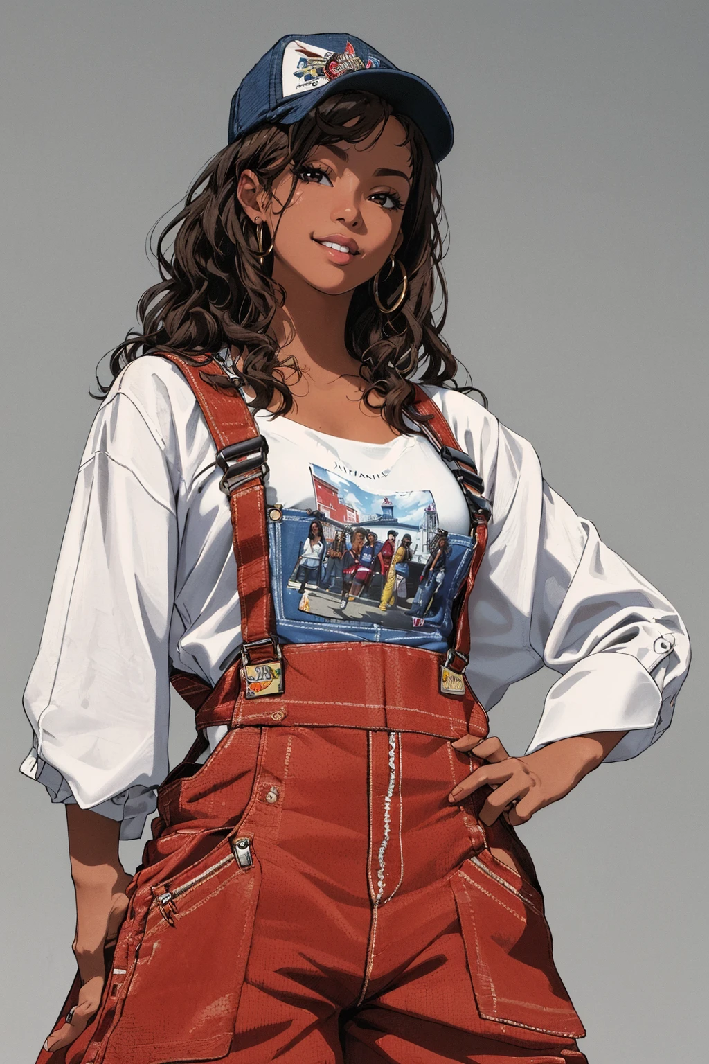 ((Masterpiece, best quality, edgQuality)),smile,
edg90hh, woman,overalls, posing for a picture ,wearing edg90hh_clothing
 <lora:edg90sHIPHOP:1>