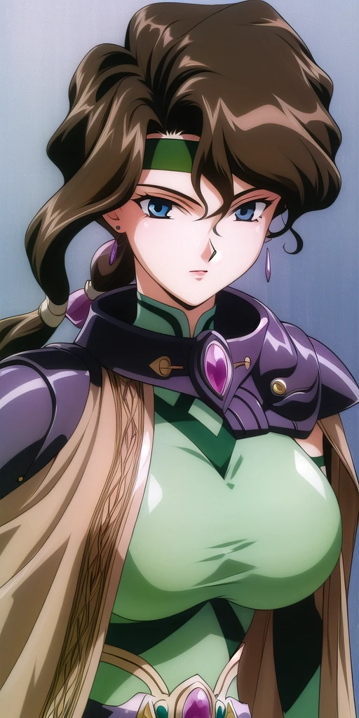 <lora:Afura_MannV8:0.7> afura_mann, huge_breasts, standing, solo, green_sleeveless_bodysuit_brown_capelet_pauldrons_green_headband_wristband_arm_strap_gem_belt, masterpiece, best_quality, detailed_face, detailed_eyes, highres, beautiful, detailed, absurdres,