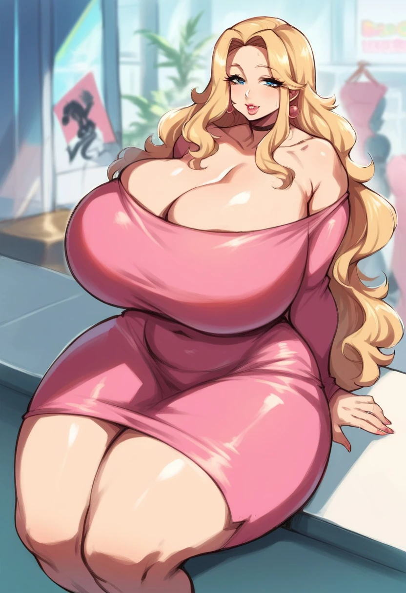 1girl, female, huge breasts, thick thighs, wide hips, blonde hair, long hair, pink dress, lips, mall background BREAK score_9, score_8_up, score_7_up, score_6_up, source_anime, rating_safe <lora:zxcv:1>