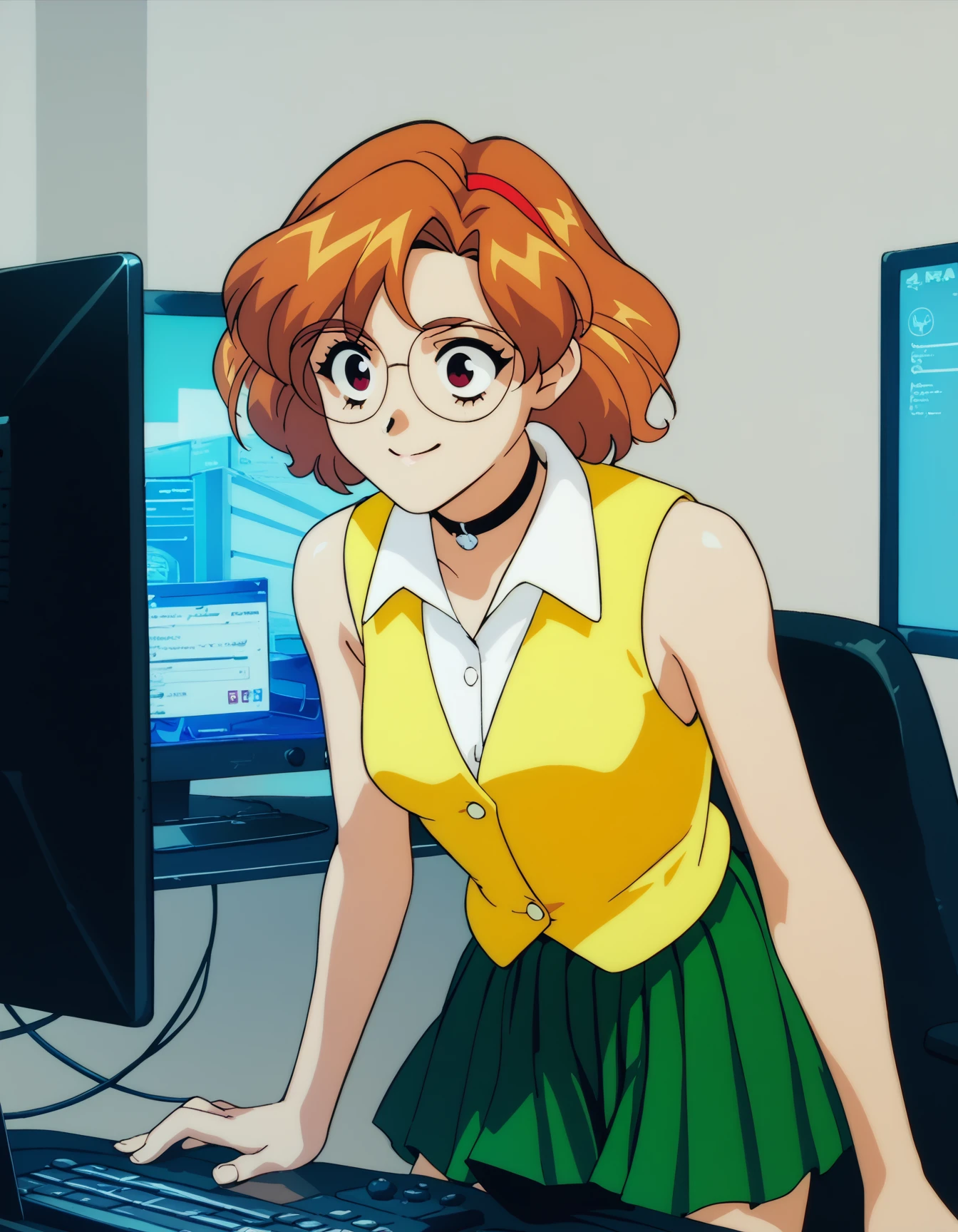 score_9,  score_8_up, score_7_up
<lora:rion-aida-ponyxl:1> a10n, round eyewear, choker, sleeveless vest, yellow vest, bare arms, pleated skirt, green skirt,
office, smile, streamer, gaming computer in background, computer station, glowing computer monitor