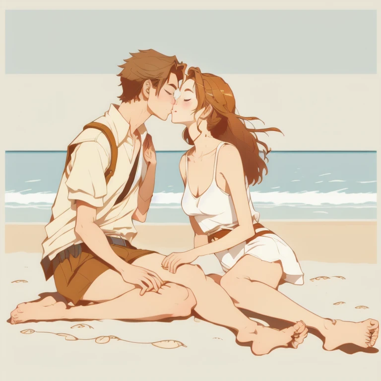 swwinf style, warm colors,neutral color palette,warm color palette,clean lines, manga style,minimalistic style, clear complexion,a young man and a young woman,kissing, on the beach