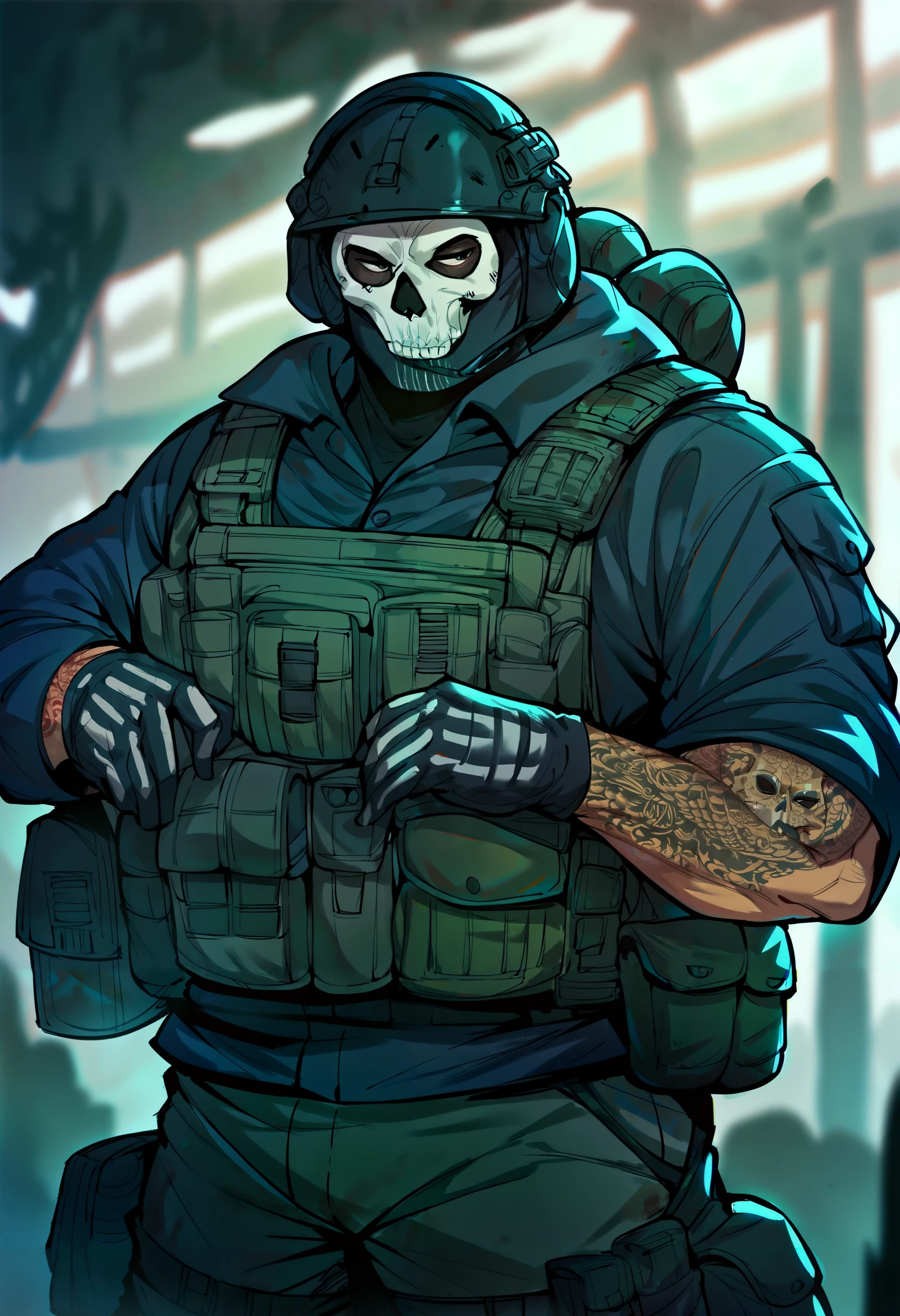 score_9, score_8_up, score_7_up, score_6_up, score_5_up, score_4_up, 1boy, male focus, simon_riley, skull_mask, muscular, black military uniform, black tactical gear, load bearing vest, helmet, gloves, arm tattoo, <lora:PonyV6/simon_riley-v10:1.0>