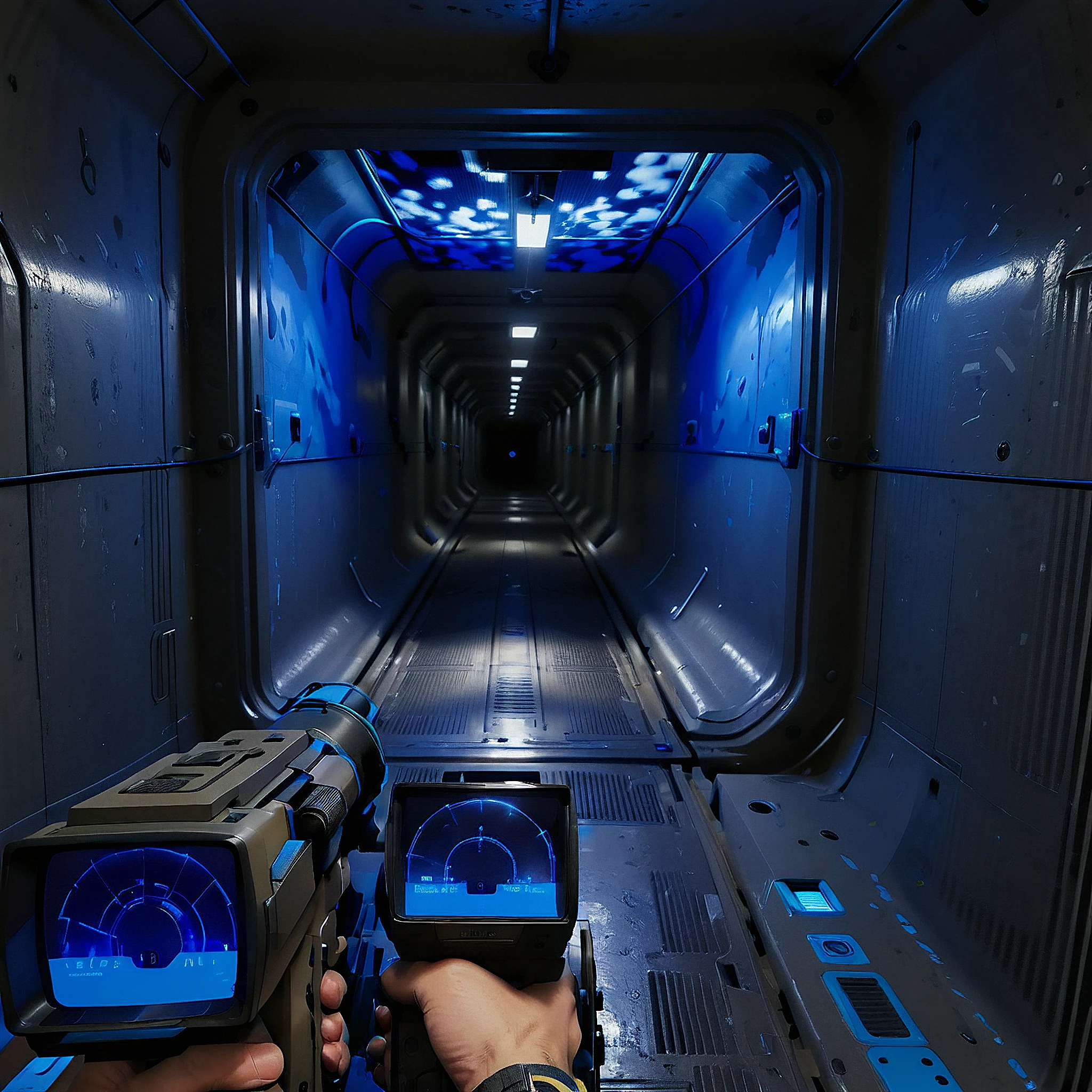 crawling through a metal ductway with a m314mtn blue glow, m314mtn, holding_tracker, holding, pov, trackerscreen