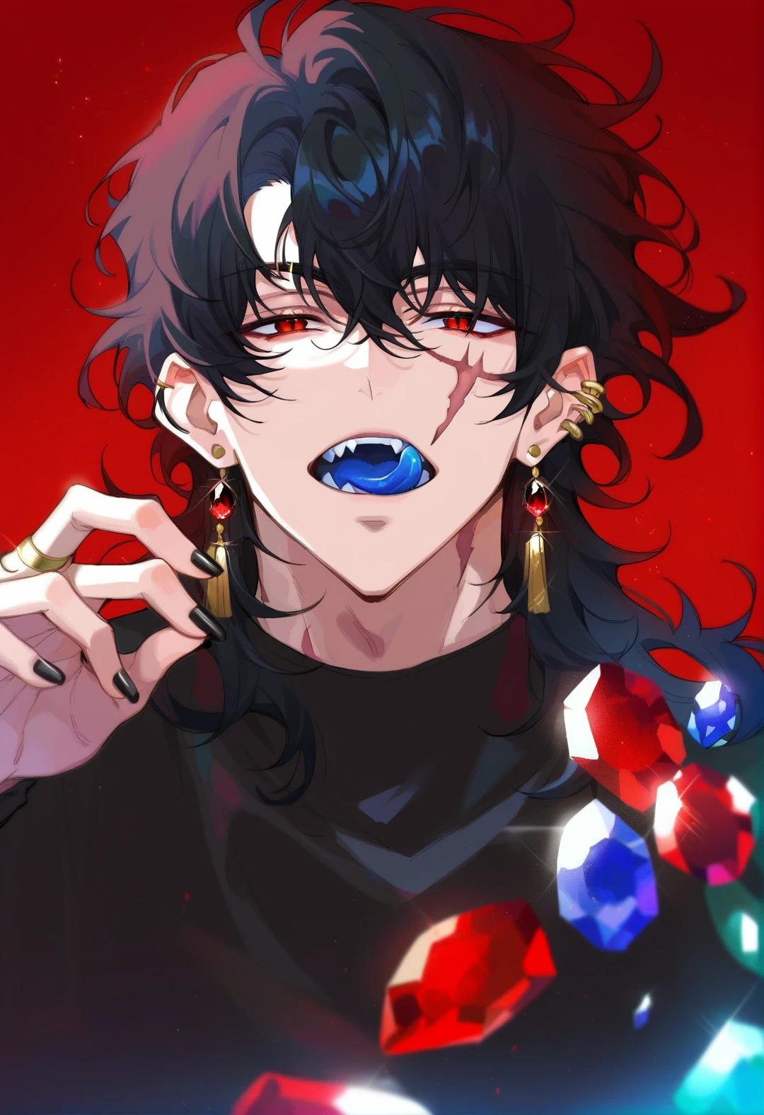 <lora:MUKi:0.8>,muksal style,1boy,red eyes,solo,jewelry,tongue,scar,earrings,scar on face,licking lips,piercing,looking at viewer,open mouth,hair between eyes,gem,long hair,red background,fangs,shirt,black shirt,hand up,bangs,blue tongue,black hair,black nails,fingernails,glint,ear piercing,gemstone,, (score_9,score_8_up,score_7_up,score_6_up,score_5_up,score_4_up,source_anime,),