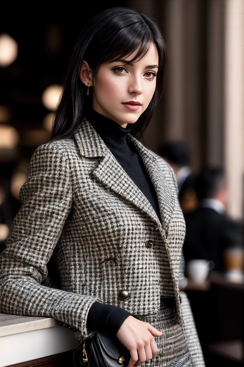 TifaL_SoloTI_v1, (A timeless Chanel-inspired tweed jacket, paired with a sleek pencil skirt for a sophisticated and chic aesthetic:1.1), ((In a stylish Parisian café, surrounded by the aroma of freshly brewed coffee and the chatter of fashionable patrons:1.2)), (seductive), photorealistic, masterpiece, high quality, artistic, unique, award winning photograph, professional, 8k, RAW photo, best quality,flattering, (cinematic:1.3), <lora:add_detail:0.6>, <lora:LowRa:0>