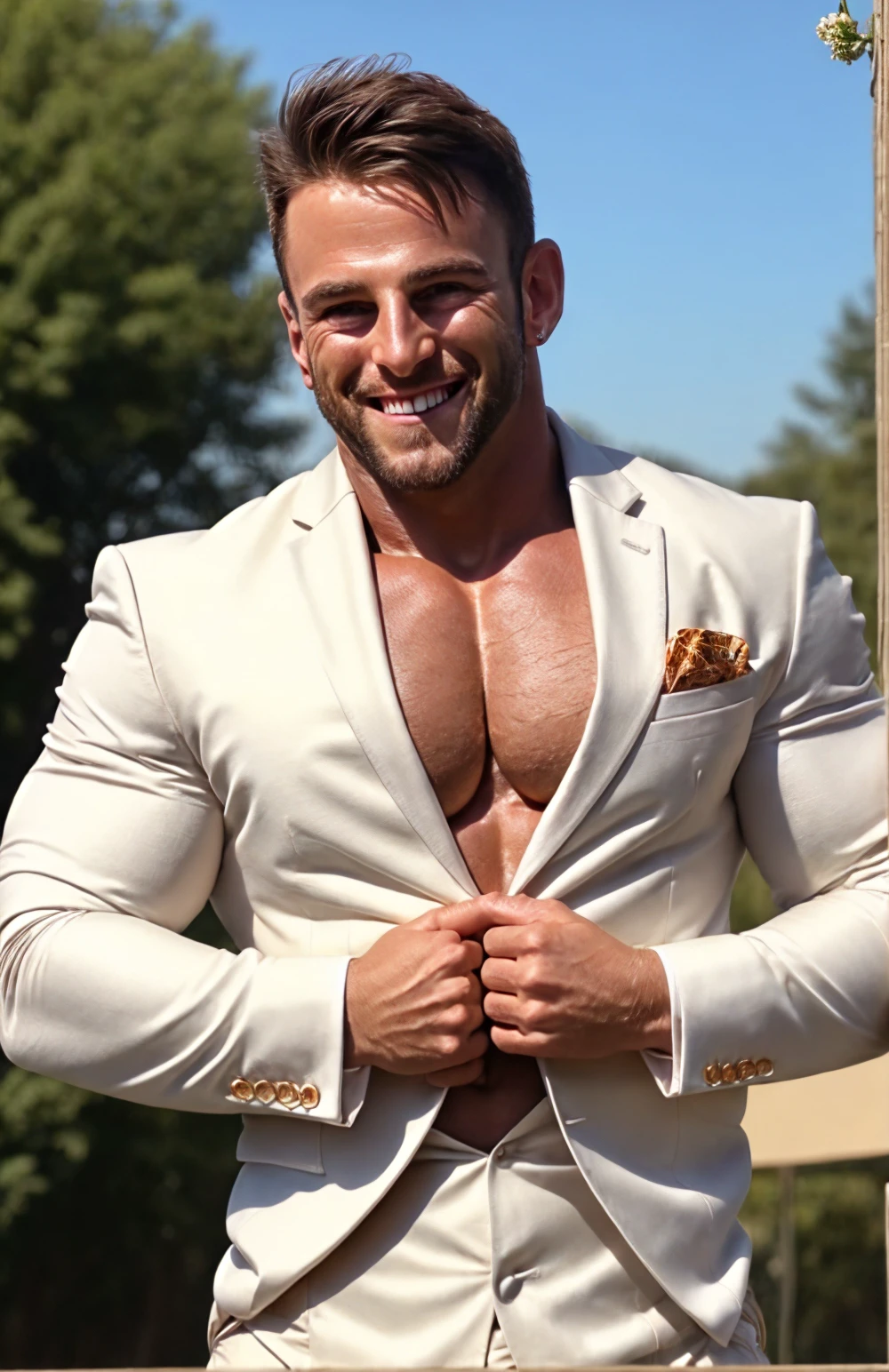 (face focus). (close up shot:0.9), <lora:BulkedUpAIR1.5:0.3>, (masculine:1.4), at outdoor sunny wedding, ((bodybuilder wearing designer formal suit)), sexy pose:1.0, confident, handsome, (((masterpiece))), (((best quality))), <lora:more_details:0.1>, (hands on waist), male, athletic, looking at viewer, smile, big pecs:1.2, <lora:Musclehunk_Eric_Janicki:1>