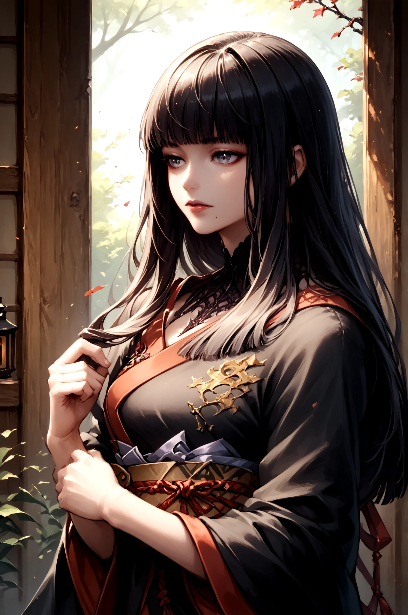 score_9,score_8_up,score_7_up,  <lora:YotsuyuFF14-Pony-000006:0.99> 1girl, yotsuyu_ff14, long hair, black_hair, japanese clothes, (mole_under_mouth:0.8), straight_hair, hime_cut, cowboy_shot, , (high quality, detailed, beautiful),