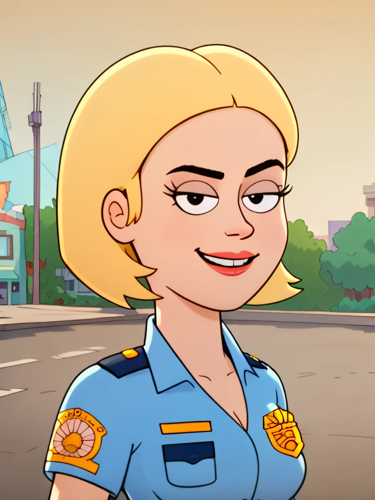 score_9, score_8_up, score_7_up, score_6_up, score_5_up, score_4_up, parody, 1girl, G1N4PD, blonde hair, police uniform, slight smile, patrolling the streets of paradise, looking at viewer