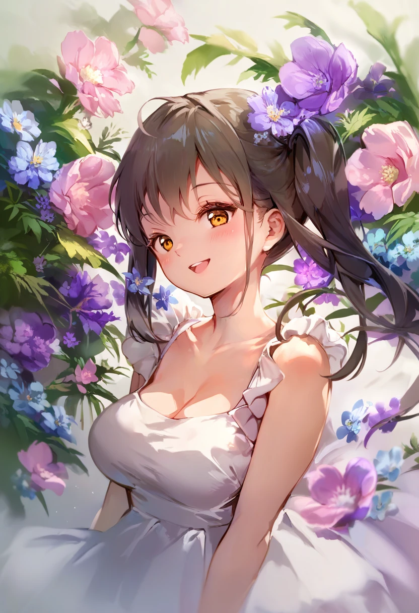 ((Best quality, 8K, Masterpiece: 1.4)),((Amazing detail: 1.3)),((illustration, Huge breasts: 1.2)),((High resolution1.1)),1girll,fox spirit,Kitsune,Long gray hair,Fox ears,red hairband,flowers in head,wariza,Bandeau top,Anime style,Manga,Sexy,exposed,Makeup,torogao,Seductive smile,eyes half closed,Simple background,mitts,Amazing art of painting,Colorful background,full bodyesbian,