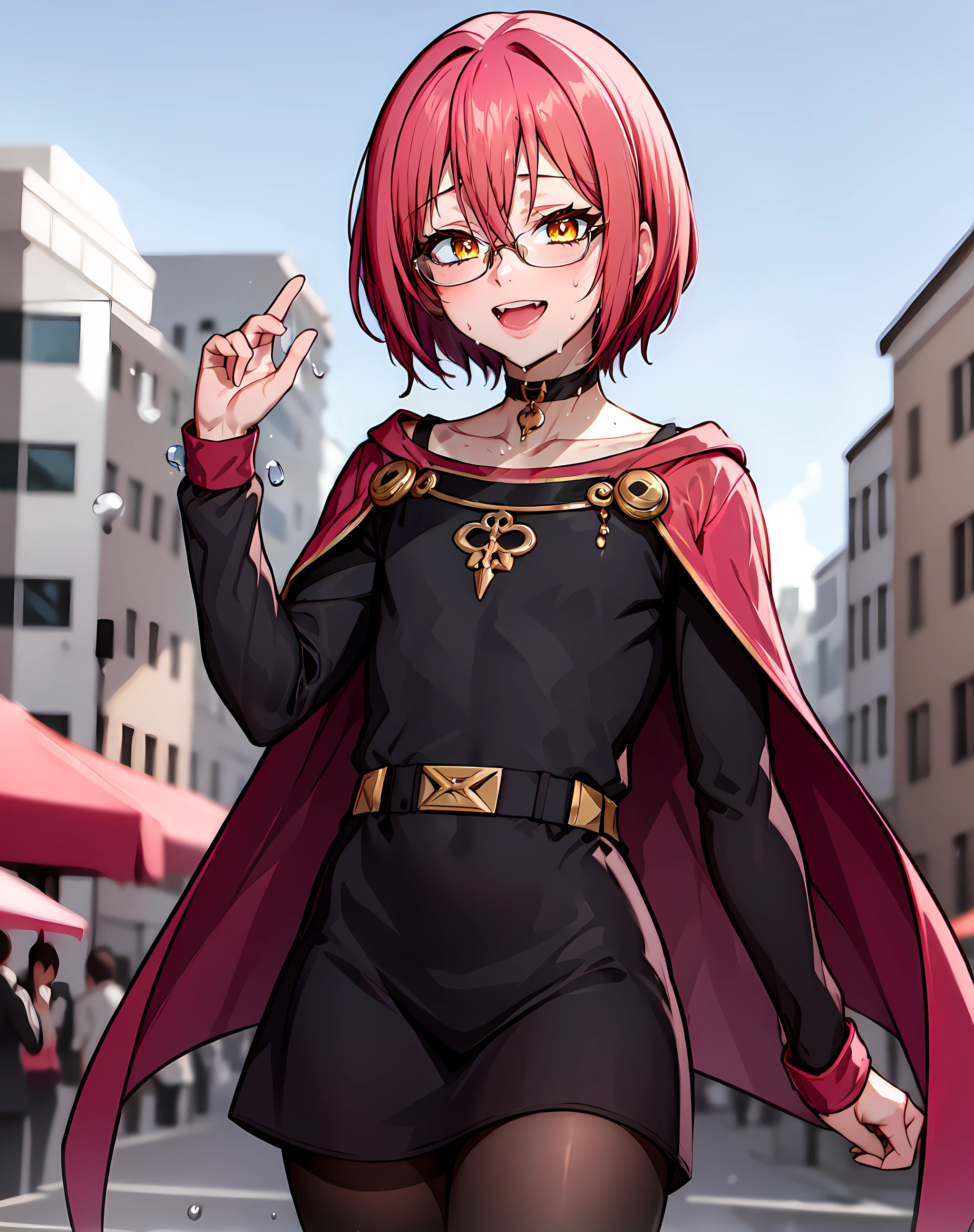 masterpiece, best quality, gowfest,(1boy:1.2),(professional photograph,)solo,femboy,black shirt,otoko no ko,glasses,yellow eyes, asymmetrical legwear, long sleeves,thighhighs,black pantyhose,asymmetrical clothes, uneven legwear,pink hair,parted capes,detailed eyes,laughing,hair between eyes,choker,short hair, tilt belt,under-rim eyewear,outdoors,flying sweatdrops,cities,sky,((jumping)),<lora:Gowther:0.7>