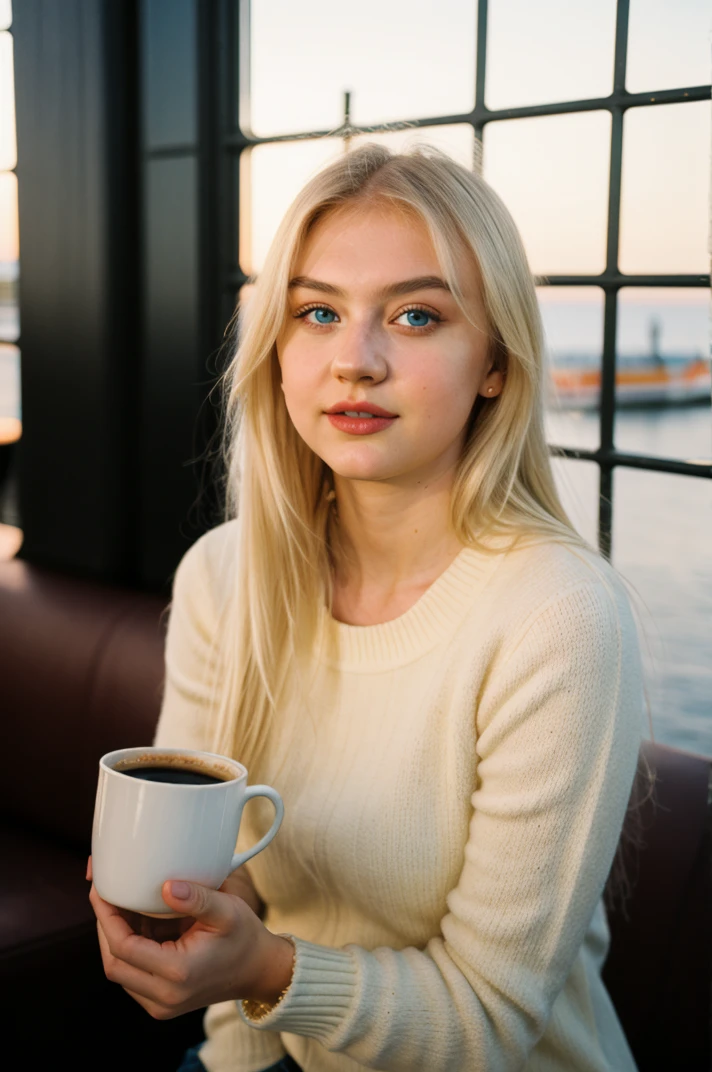 tv_Aino_MXAI, epiCPhoto, , , wearing a cozy sweater, sitting in a cafe, holding a cup of steaming tea, flirty expression,, 8k resolution, highres, high detail, sharp focus, detailed skin, 8k uhd, bokeh, analog photography