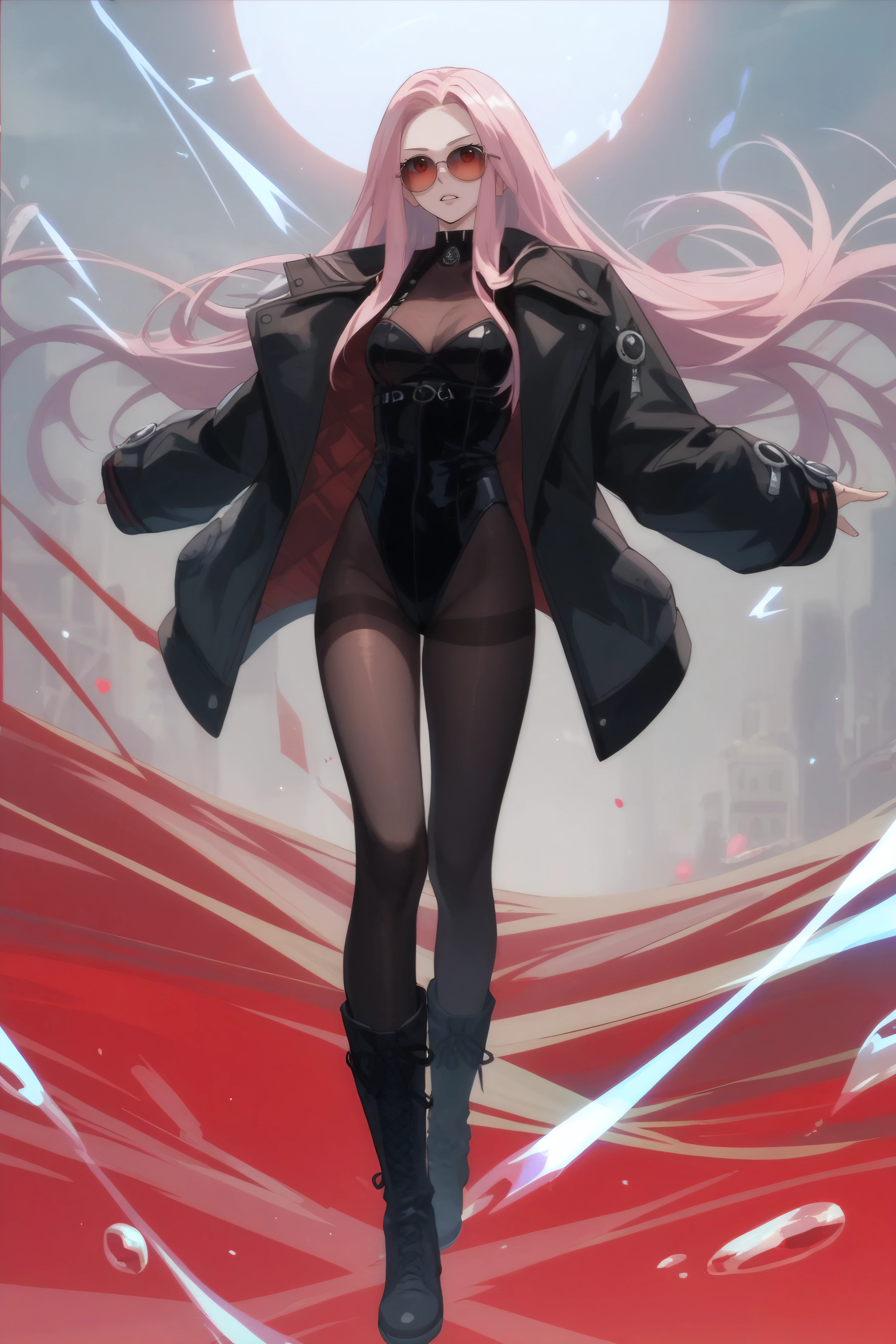 score_9, score_8_up, score_7_up, BREAK source_anime,  <lora:Spectre-PonyXL-lora-Faxtron:0.8> spectre, red eyes, pink hair, long hair, sunglasses, jacket, black leotard, black pantyhose, black boots, standing,