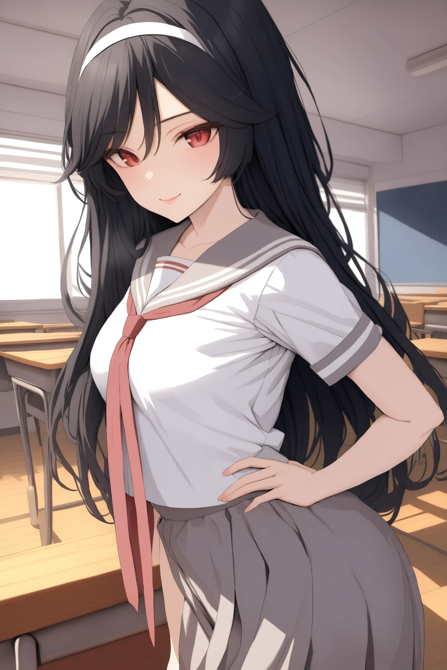 (masterpiece, best quality, very aesthetic, ultra detailed), intricate details, kunishiromiyabi, solo, indoors, classroom, black hair, white hairband, very long hair, red eyes, medium breasts, white serafuku, white shirt, grey sailor collar, red neckerchief, short sleeves, hands on hips, grey skirt, black pantyhose, school uniform, smile, closed mouth, :), pink lips, <lora:Kunishiro-Miyabi:0.7>