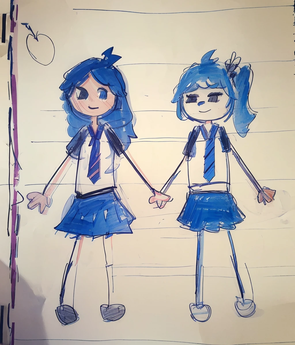 1girl,child drawing,stick figure,paper texture,exercise book,cartoonized,graffiti,<lora:Style_Graffiti_v1:0.8>,multiple girls,2girls,blue hair,techwear,necktie,skirt,<lora:Role_2233_v1.0:1>,