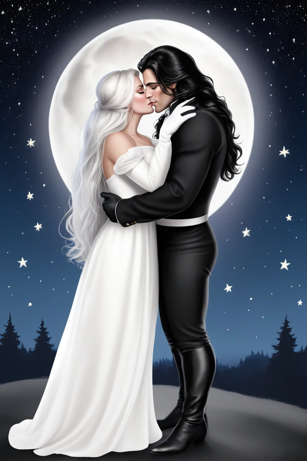 male, black long hair, grey eyes, detailed eyes, clothes in black costume, black gloves, hug, kiss, couple with woman in white dress, white long hair, starry night full moon  background <lora:lora:0.8> richard