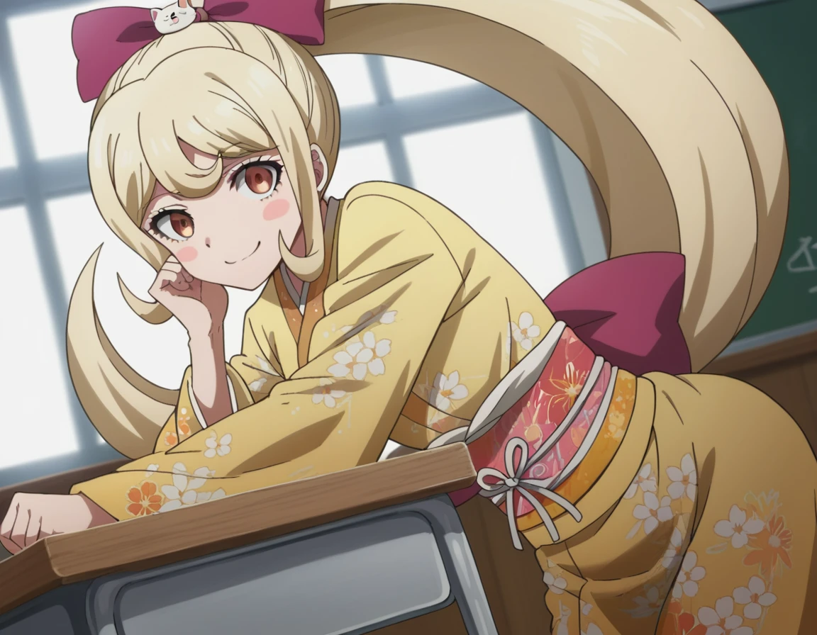 score_9, score_8_up, score_7_up, source_anime,
hiyokosaionji, <lora:hiyoko-saionji-s2-ponyxl-lora-nochekaiser:1>,
hiyoko saionji, long hair, bangs, blonde hair, brown eyes,
hair ornament, long sleeves, bow, ponytail, hair bow, japanese clothes, kimono, sash, blush stickers, obi, floral print, cat hair ornament,
indoors, classroom, smile, bent over,
looking at viewer, dutch angle, cowboy shot,