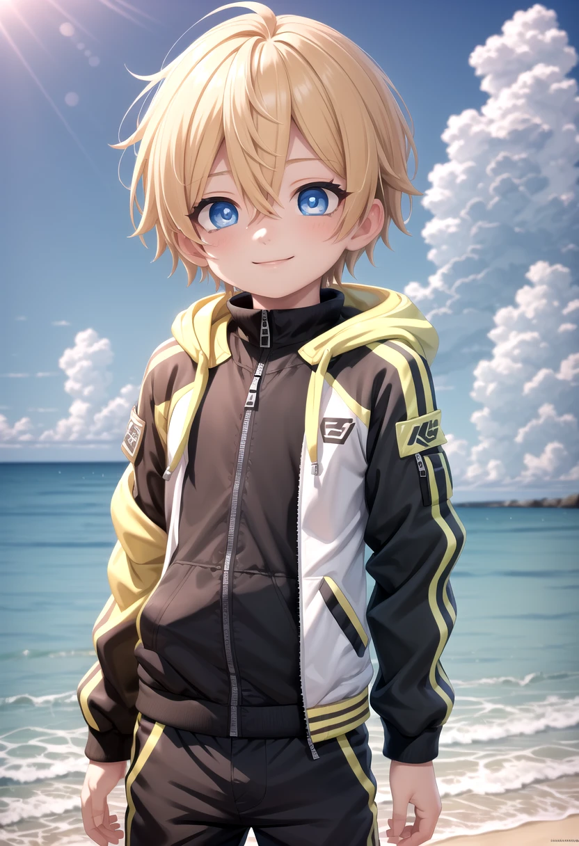 <lora:sota sd15_epoch_17:0.6>,sota, solo,looking at viewer,short hair,bangs,blue eyes,blonde hair,long sleeves,(1boy:1.3),hair between eyes,standing,wide rashguard jacket,(male focus:1.3),cowboy shot,outdoors,sky,day,pants,cloud,hood,water,blue sky,ocean,beach,black pants,hood down,child,multicolored clothes,zipper,horizon,(male child:1.2),wall,multicolored jacket,two-tone jacket , (masterpiece:1.2), best quality, high resolution, unity 8k wallpaper, (illustration:0.8), (beautiful detailed eyes:1.6), extremely detailed face, perfect lighting, extremely detailed CG, smile,
The soft lighting and detailed surroundings create an immersive environment where imagination runs wild hyper-detailed,hyper-detailed face, high quality visuals, dim Lighting, sharply focused, octane render, 8k UHD,
 GS-Boyish