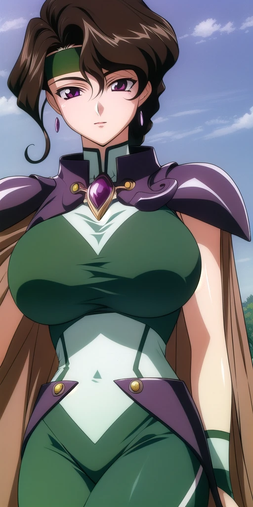 <lora:Afura_MannV8:0.7> afura_mann, huge_breasts, standing, solo, green_sleeveless_bodysuit_brown_capelet_pauldrons_green_headband_wristband_arm_strap_gem_belt, masterpiece, best_quality, detailed_face, detailed_eyes, highres, beautiful, detailed, absurdres,