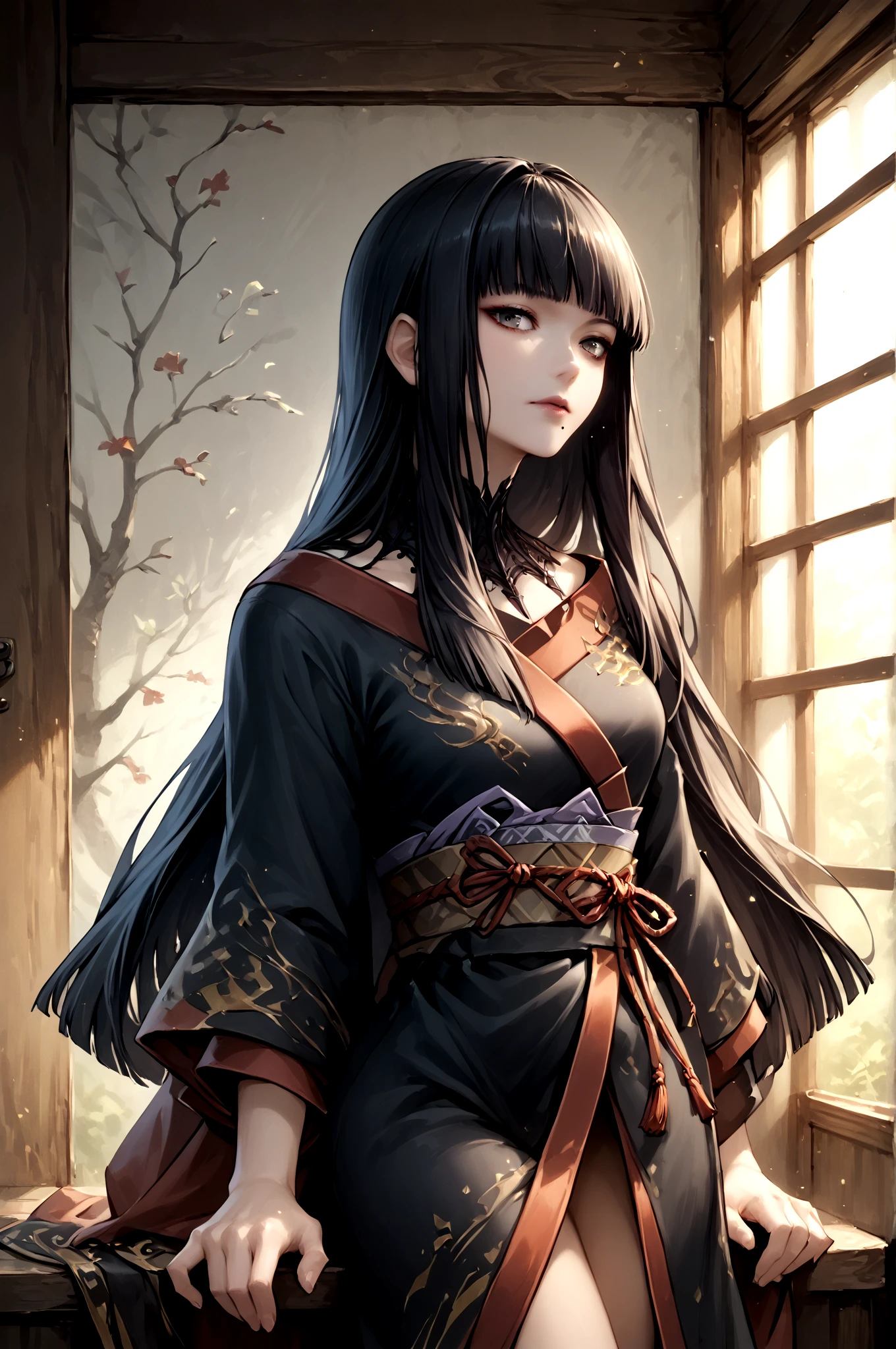 score_9,score_8_up,score_7_up,  <lora:YotsuyuFF14-Pony-000006:0.99> 1girl, yotsuyu_ff14, long hair, black_hair, japanese clothes, (mole_under_mouth:0.8), straight_hair, hime_cut, cowboy_shot, , (high quality, detailed, beautiful),