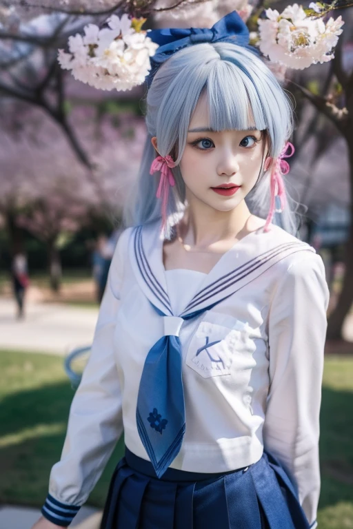 (((Cherry blossom powder)))'s(long whitr hair)of the two-dimensional girl，Has a big one(blue colors)The eye。She is wearing a{{white colors}}'s(a sailor suit)校服，{red colour}The tie hangs down the chest。A faint blush on his face，A sweet smile appeared at the corner of his slightly raised mouth。She had one hanging from her ear{As estrelas}Shaped earrings，Clutching a bouquet of flowers in his hand。She sat with her legs crossed by the window of her school's classroom，Outside the window are cherry blossom trees in full bloom，It adds a romantic backdrop to her。