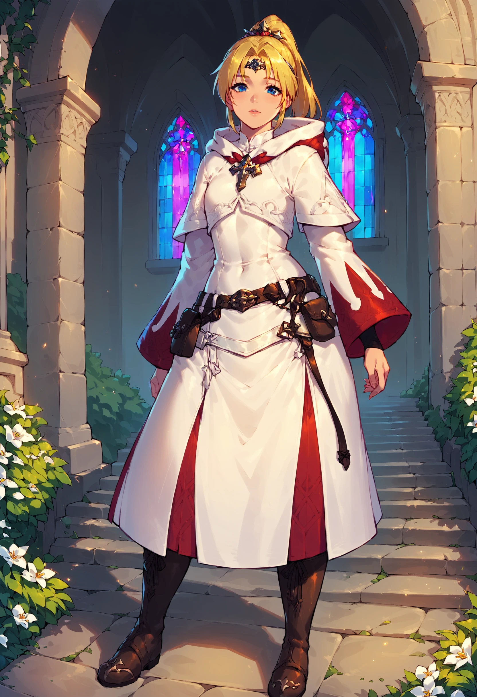 zPDXL,score_9, score_8_up, score_7_up, source_anime, 1girl, solo, church, full body,
BREAK   blonde hair, ponytail, blue eyes,
BREAKwhite mage, boots, belt, hood, pouch, robe, belt pouch, circlet <lora:Healers_Attire_FFXIV-White_Mage_AF1:1>