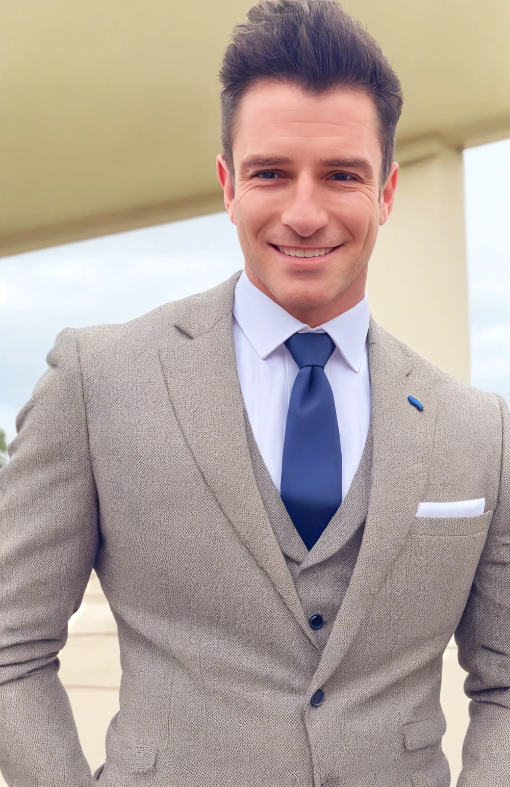 (face focus). (close up shot:0.9), (masculine:1.3), (large strong physique:1.3), at outdoor sunny wedding, wearing designer formal suit and tie, sexy pose:1.0, confident, handsome, (((masterpiece))), (((best quality))), <lora:more_details:0.1>, (hands on waist), male, athletic, looking at viewer, smile, short hair, <lora:Ian_Bohen:1.1>