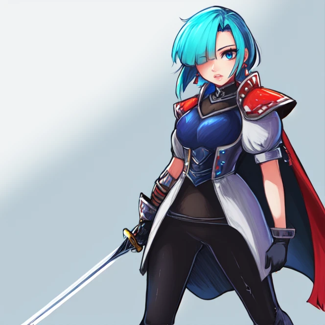 cowboy shot, solo, <lora:leenGrandia:0.7>, leen_grandia, short hair, jewelry, gloves, blue eyes, earrings, cape, hair over one eye, armor, aqua hair, black gloves, bodysuit, armor, pauldrons, puffy sleeves, simple background, fencing, holding, rapier, sword, holding weapon, dynamic angle, motion lines, thrusting with a weapon, weapon in one hand, highres, Digital art, trending on artstation, best quality, insanely detailed, masterpiece, stunning environment, wide-angle,