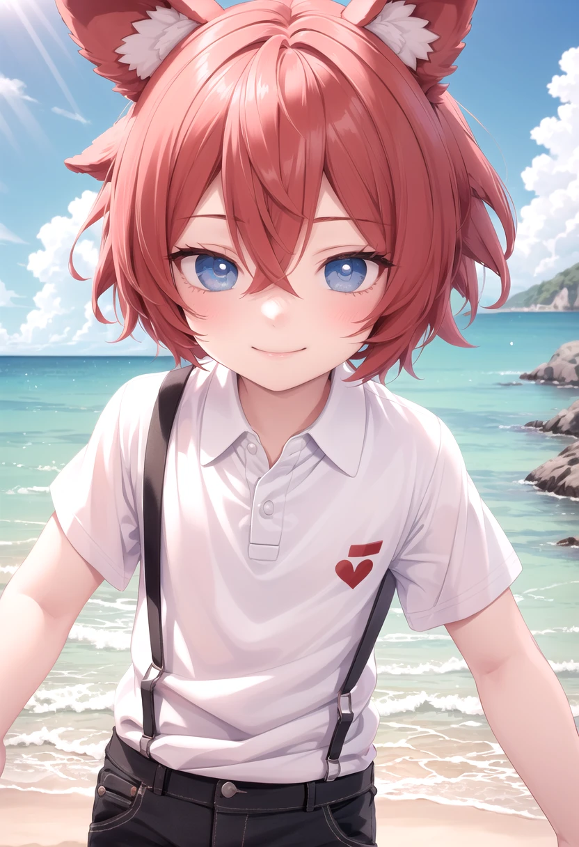 <lora:Aki SD15_epoch_17:0.6>, (1boy:1.3), solo, beach, smile, ( crimson animal ears:1.4), male face, male body, more details in eyes, (very short hair:1.2), hair between eyes, cute, adorable boy, cute face, detailed face, handsome, young, juvenile, white skin, eyeshadow, crew cut, crimson hair, details sky, looking at viewer, blush, blue eyes, full shot, red suspenders, (pants), (white polo shirt), aki,petite, (male focus:1.3),(male:1.2), 
(masterpiece:1.2), best quality, high resolution, unity 8k wallpaper, (illustration:0.8), (beautiful detailed eyes:1.6), extremely detailed face, perfect lighting, extremely detailed CG, (perfect anatomy),