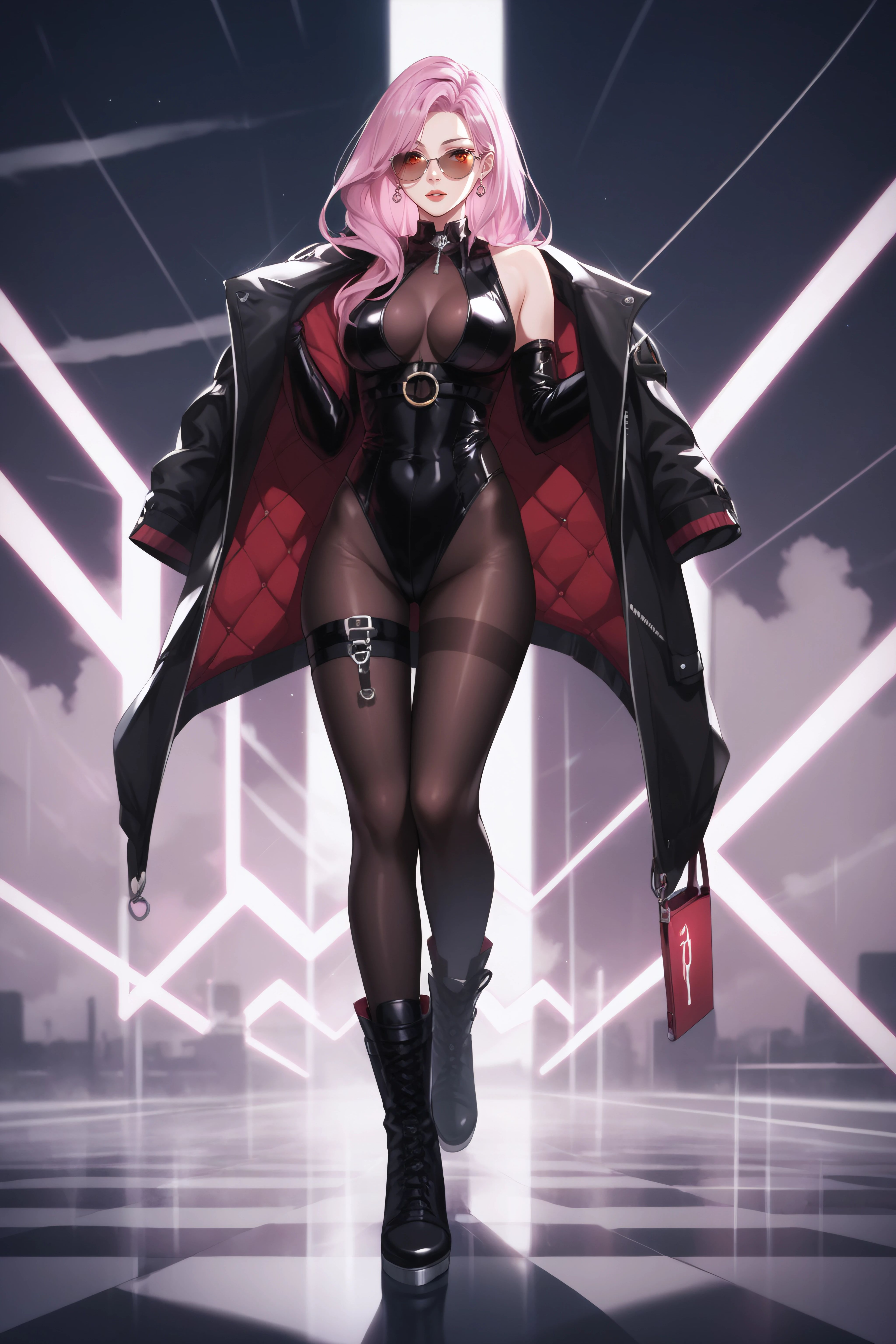 score_9, score_8_up, score_7_up, BREAK source_anime,  <lora:Spectre-PonyXL-lora-Faxtron:0.8> spectre, red eyes, pink hair, long hair, sunglasses, jacket, black leotard, black pantyhose, black boots, standing,