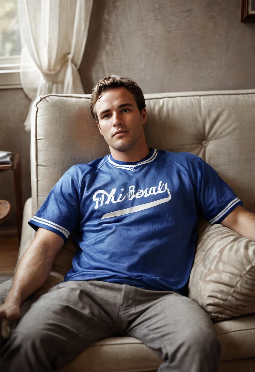 concept art full body photo of a man, laying down on a couch, wearing a baseball jersey in a living room watching a game, m4r10n,  <lora:Marlon_Brando:.6> . digital artwork, illustrative, painterly, matte painting, highly detailed