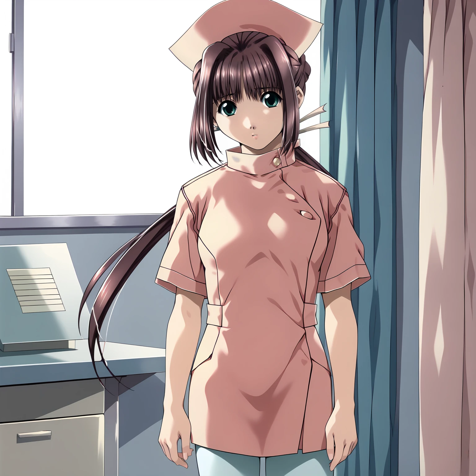 <lora:RenNanaseXLpony009>,
solo,
RenNanase,1girl,brown_hair,single_hair_bun,low_ponytail,long hair,aqua_eyes,
nurse_cap,nurse,
white pantyhose,