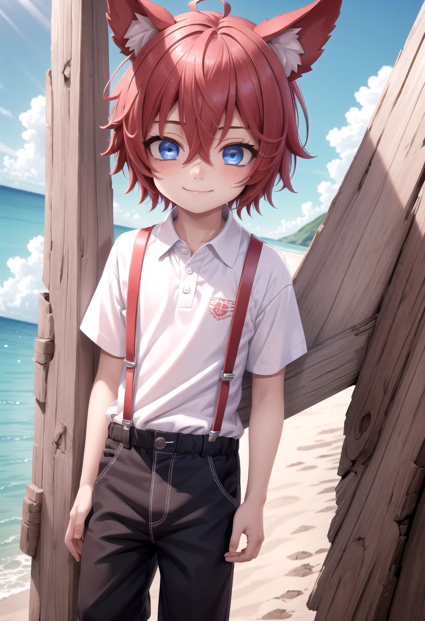 <lora:Aki SD15_epoch_17:0.6>, (1boy:1.3), solo, beach, smile, ( crimson animal ears:1.4), male face, male body, more details in eyes, (very short hair:1.2), hair between eyes, cute, adorable boy, cute face, detailed face, handsome, young, juvenile, white skin, eyeshadow, crew cut, crimson hair, details sky, looking at viewer, blush, blue eyes, full shot, red suspenders, (pants), (white polo shirt), aki,petite, (male focus:1.3),(male:1.2), 
(masterpiece:1.2), best quality, high resolution, unity 8k wallpaper, (illustration:0.8), (beautiful detailed eyes:1.6), extremely detailed face, perfect lighting, extremely detailed CG, (perfect anatomy),