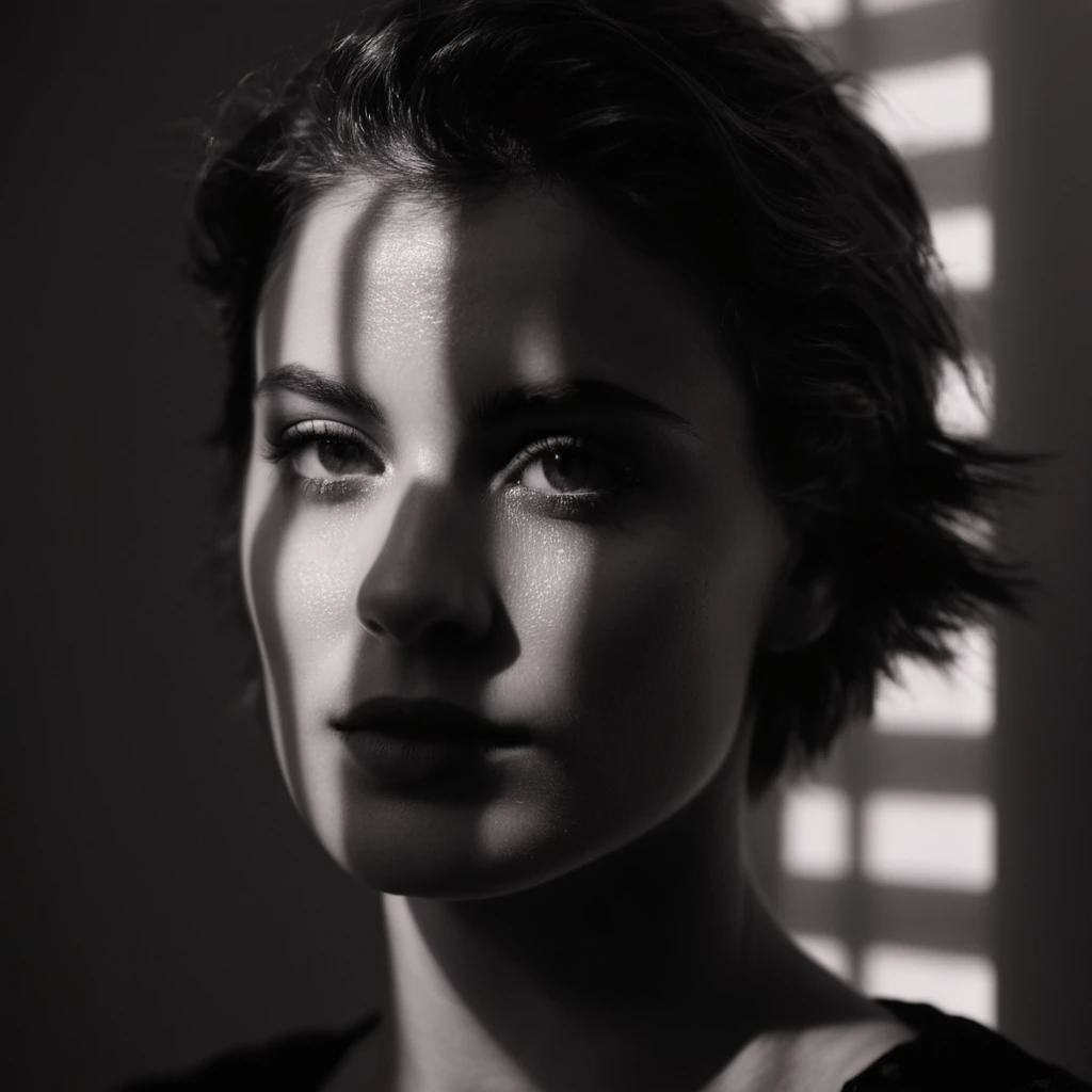 cinematic film still of  <lora:casting shadow style v2:1>
A cucoloris patterned illumination casting a horizontal rectangle strip shadow on a woman with a horizontal shadow on her face,1girl,solo,looking at viewer,short hair,simple background,monochrome,upper body,greyscale,grey background,mole,hair over one eye,messy hair,portrait,cinematic,film,filmic,casting shadow,venetian blinds casting shadow light,shadow on face,face partially covered in shadow,different shadow,window casting shadow light,cinematography,detailed,detailed background,detailed face,high quality,8k,cuculoris,kookaloris,cookaloris or cucalorus,light modifier,different light pattern,creative light,unique shadow , casting shadow style, shallow depth of field, vignette, highly detailed, high budget, bokeh, cinemascope, moody, epic, gorgeous, film grain, grainy