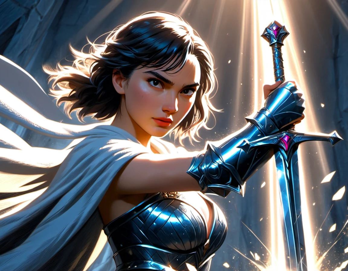 (((masterpiece))) , (((best quality))) , anime style, 2d, well-built charming 1girl, solo, lovely 1girl, SwordInTheStone, beautiful gorgeous Gal Gadot, gripping onto the hilt of the sword in the stone, she has Shaved sides hair, key visual, 