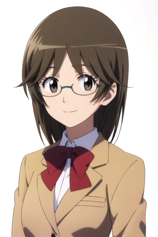 solo, 1girl, looking at viewer, 2D, anime, anime coloring, upper body, (solid white background:1.3), <lora:nene-syd:0.8>, nene todoroki, blazer, school uniform, smile