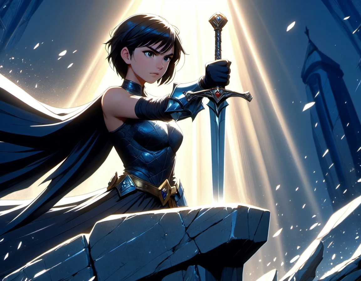 (((masterpiece))) , (((best quality))) , anime style, 2d, well-built charming 1girl, solo, lovely 1girl, SwordInTheStone, beautiful gorgeous Bruce Wayne, gripping onto the hilt of the sword in the stone, she has Shaved sides hair, key visual, 