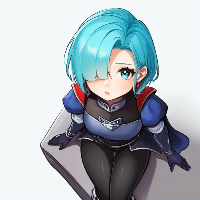 cowboy shot, solo, <lora:leenGrandia:0.7>, leen_grandia, short hair, jewelry, gloves, blue eyes, earrings, cape, hair over one eye, armor, aqua hair, black gloves, bodysuit, armor, pauldrons, puffy sleeves, simple background, sitting, from above, highres, Digital art, trending on artstation, best quality, insanely detailed, masterpiece, stunning environment, wide-angle,