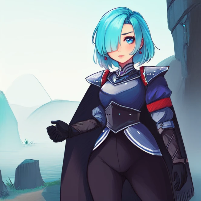 cowboy shot, solo, <lora:leenGrandia:0.8>, leen_grandia, short hair, jewelry, gloves, blue eyes, earrings, cape, hair over one eye, armor, aqua hair, black gloves, bodysuit, armor, pauldrons, puffy sleeves, highres, Digital art, trending on artstation, best quality, insanely detailed, masterpiece, stunning environment, wide-angle,