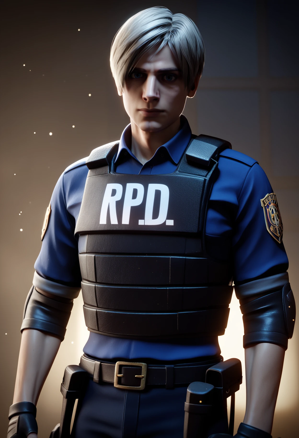 score_9,score_8_up,score_7_up,uncensored BREAK realistic,render,blender \(medium\),
1boy,  leonkennedy, grey hair, short hair, belt, police uniform, bulletproof vest, fingerless gloves, blue shirt, elbow pads, long sleeves,
solo, looking at viewer, upper body, fog, dark background, particles, bokeh, indoors, haunted house background, dark, contrast
<lora:LeonKennedyXL:1>