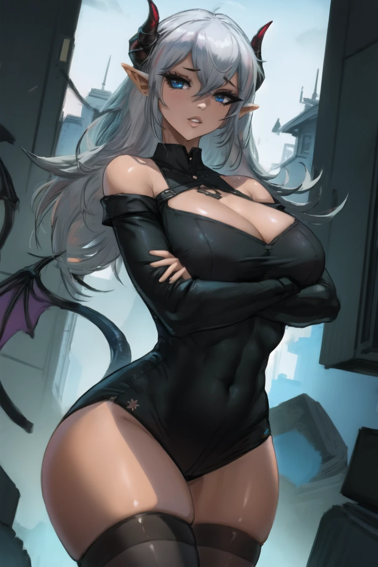 (masterpiece),best quality,1girl,solo,tail,horns,thighhighs,blue eyes,long hair,black thighhighs,very long hair,shirt,white hair,hair between eyes,demon horns,pointy ears,black shirt,demon girl,off shoulder,crossed arms,cropped legs,looking at viewer,short sleeves,parted lips,bare shoulders,cowboy shot,Cleavage