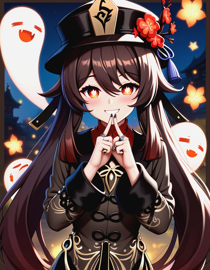 1girl,hu_tao_genshin,border,brown_coat,brown_eyes,brown_hair,brown_hat,closed_mouth,coat,finger_to_mouth,flower,flower-shaped_pupils,ghost,hair_between_eyes,hat,hat_flower,index_finger_raised,jewelry,long_sleeves,multiple_rings,open_mouth,outside_border,porkpie_hat,ring,simple_background,smile,symbol-shaped_pupils,upper_body,white_border,yellow_background,<lora:hu-tao-genshin-xl:1>,