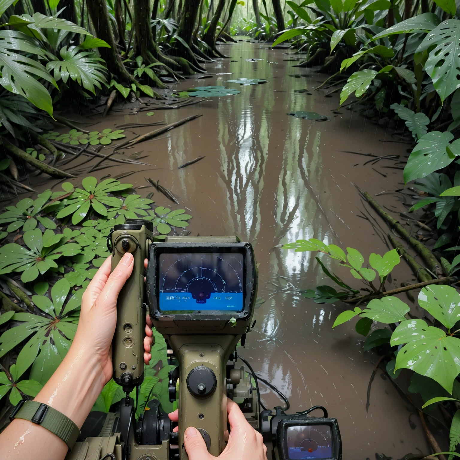 in a swamp looking down at the motion tracker she is holding, m314mtn, holding_tracker, holding, rain, wet, jungle, trackerscreen, pov