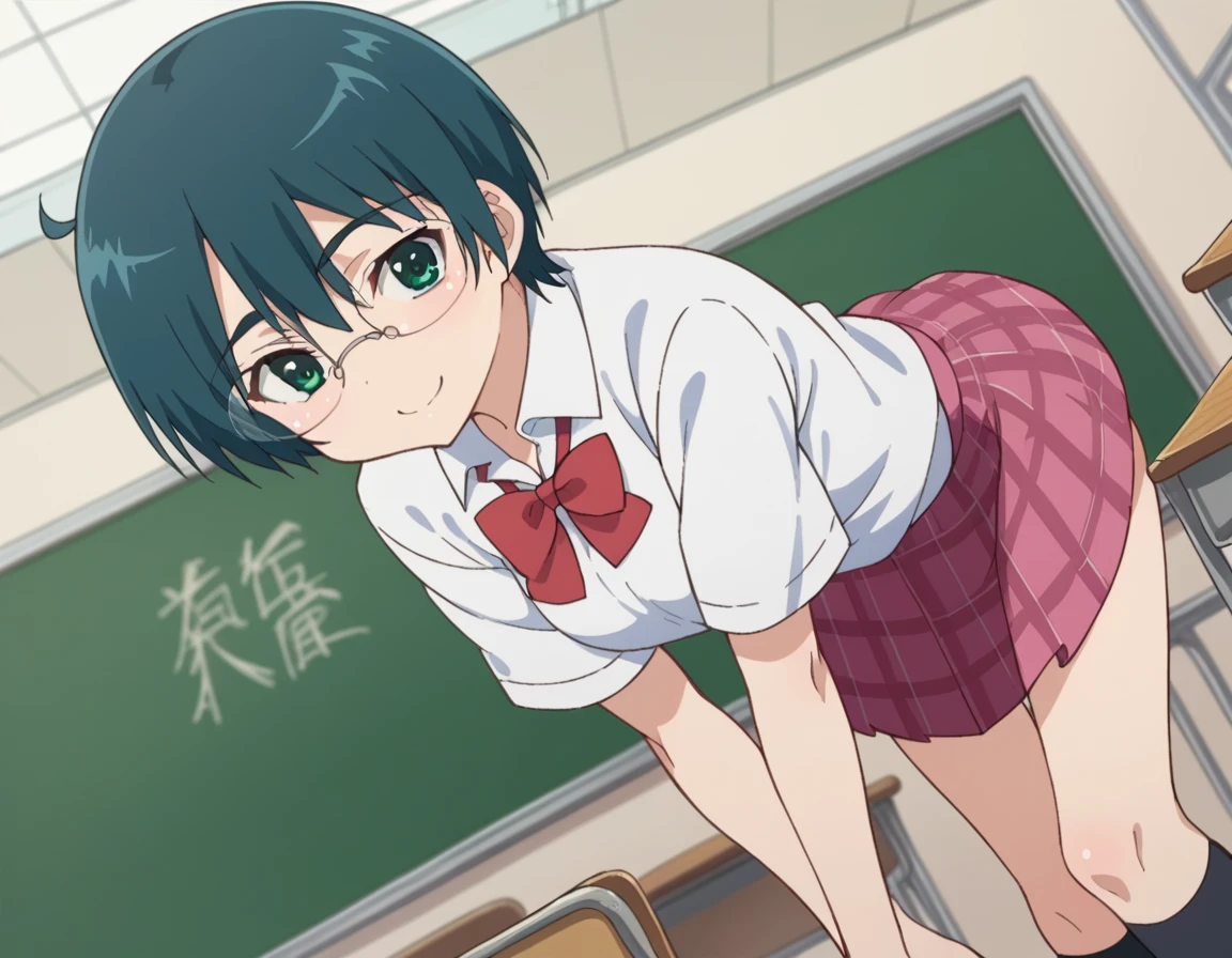 score_9, score_8_up, score_7_up, source_anime,
miharumikuni, <lora:miharu-mikuni-ova-ponyxl-lora-nochekaiser:1>,
miharu mikuni, short hair, green eyes, glasses, blue hair,
skirt, shirt, school uniform, white shirt, socks, plaid, kneehighs, plaid skirt,
indoors, classroom, bent over, smile,
looking at viewer, dutch angle, cowboy shot,